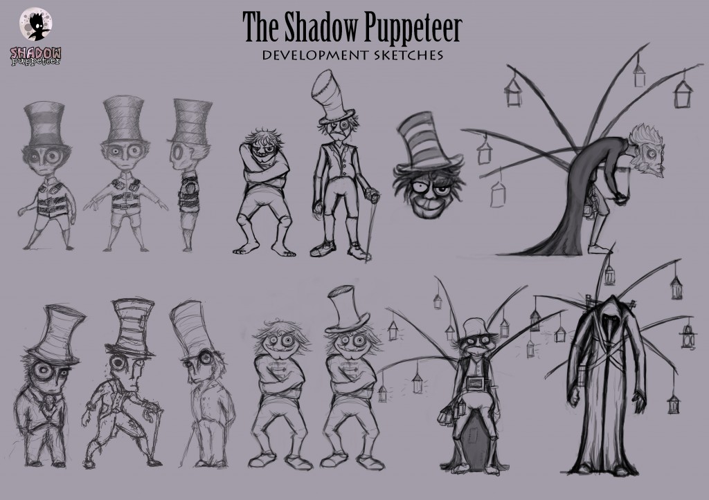 Collection of character sketches through the development process for the Shadow Puppeteer
