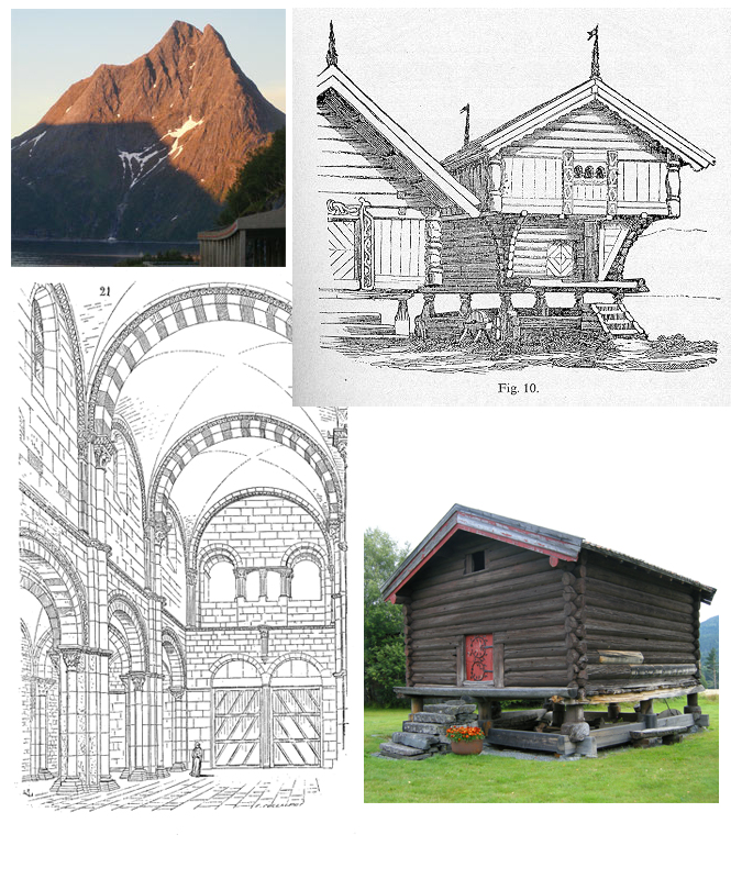 (Sources of inspiration. From top left: Breitind, drawing of a "stabbur" by Eilert Sundt, The Basilica of Sainte-Marie-Madeleine de Vézelay by Eugène Viollet-le-Duc, Findalslaft)
