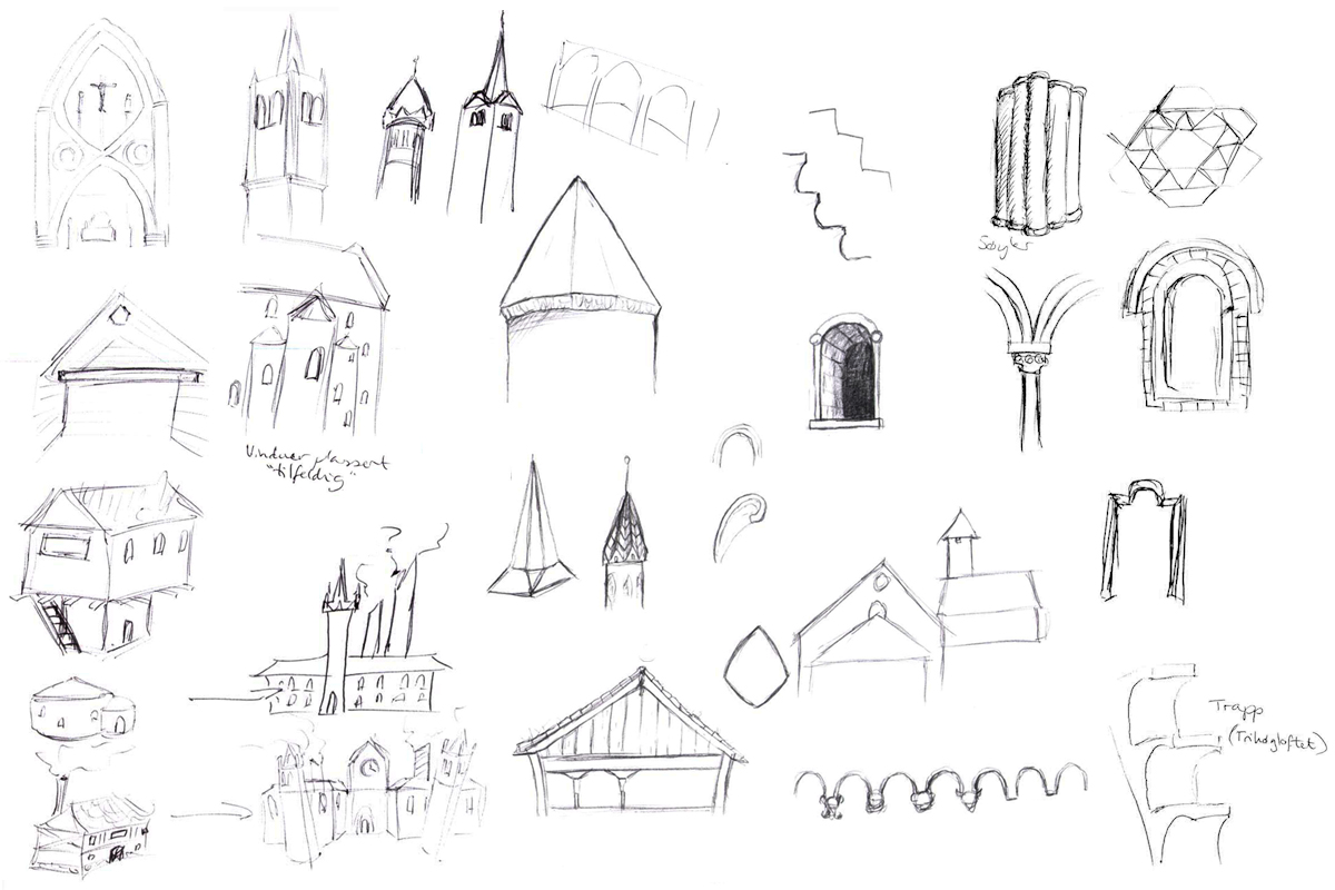 (Early sketches of shapes and elements)