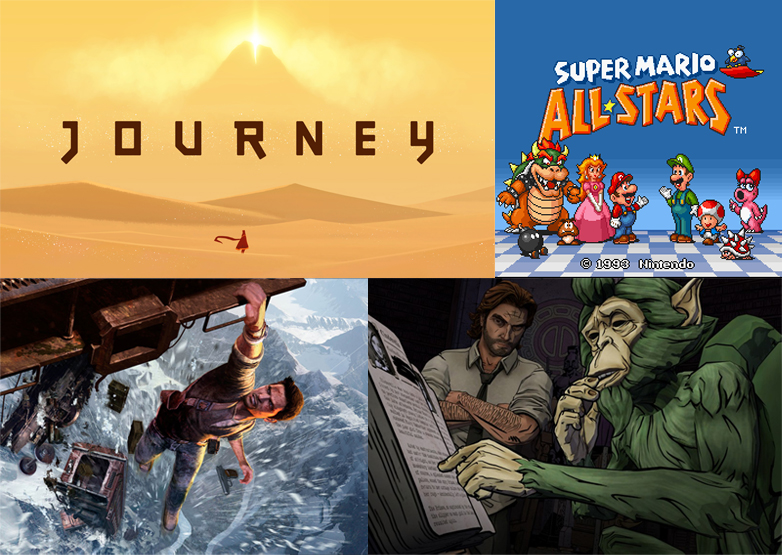 Some of the games we've played during Friday Fun: "Journey", "Super Mario All Stars", "Uncharted 2" and "The Wolf Among Us"
